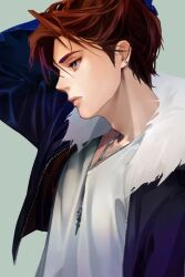 Rule 34 | 1boy, black jacket, blue eyes, brown hair, cropped jacket, earrings, expressionless, final fantasy, final fantasy viii, from side, fur-trimmed jacket, fur trim, hair up, highres, holding, holding own hair, jacket, jewelry, long sleeves, male focus, necklace, nini tw99, scar, scar on face, scar on forehead, shirt, simple background, solo, squall leonhart, stud earrings, white fur, white shirt