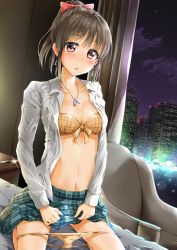 Rule 34 | 10s, 1girl, black hair, blush, bow, bra, breasts, building, city, cloud, earrings, highres, hori yuuko, idolmaster, idolmaster cinderella girls, jewelry, kuria (clear trip second), looking at viewer, navel, necklace, night, open clothes, open mouth, open shirt, panties, panty pull, pink bow, pink eyes, ponytail, pussy juice, shirt, short hair, skirt, sky, solo, spoon, squatting, star (symbol), underwear, wet, yellow panties