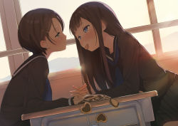 Rule 34 | 2girls, backlighting, black sailor collar, black serafuku, black shirt, black skirt, blue eyes, blue neckerchief, blush, brown hair, chair, classroom, commentary, commentary request, cookie, day, desk, eye contact, food, hair ornament, hairclip, heart, holding hands, indoors, interlocked fingers, long hair, long sleeves, looking at another, multiple girls, neckerchief, open mouth, original, pleated skirt, sailor collar, school desk, school uniform, serafuku, shirt, short hair, sitting, skirt, sunlight, symbol-only commentary, tsubure manjuu, valentine, window, yuri