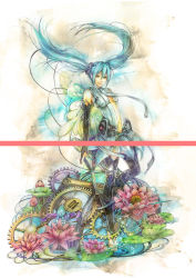Rule 34 | 1girl, aqua hair, bridal gauntlets, center opening, floating hair, flower, gears, hatsune miku, hatsune miku (append), lily pad, long hair, navel, necktie, sakiya (bas-web), solo, thighhighs, twintails, vocaloid, vocaloid append