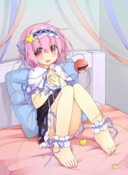 Rule 34 | 1girl, alternate costume, ankle cuffs, barefoot, bed, black dress, blush, capelet, convenient leg, dress, hairband, hassai, heart, highres, komeiji satori, lolita hairband, looking at viewer, on bed, open mouth, pillow, pink eyes, pink hair, sitting, smile, solo, third eye, touhou, wrist cuffs