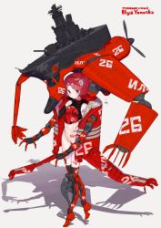 Rule 34 | 1girl, absurdres, artist name, bottomless, breasts, highres, machine, machinery, mechanical arms, mechanical legs, muzinneki, navel, original, red eyes, red hair, shadow, short hair, small breasts, solo, swept bangs