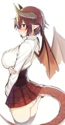 Rule 34 | 1girl, ass, black thighhighs, blush, breast hold, breasts, center frills, commentary request, dragon girl, dragon horns, dragon tail, dragon wings, frills, from side, granblue fantasy, grea (shingeki no bahamut), greatmosu, highres, horns, large breasts, long sleeves, looking at viewer, looking to the side, manaria friends, miniskirt, panties, pointy ears, purple hair, red eyes, shingeki no bahamut, shirt, short hair, simple background, skirt, solo, tail, thighhighs, underwear, white background, white panties, white shirt, wings