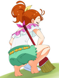 Rule 34 | 1girl, barefoot, broom, commentary request, closed eyes, from behind, full body, green shorts, hair ribbon, highres, holding, holding broom, natsuumi manatsu, nurugamer-kouyouju, orange hair, precure, ribbon, shirt, shorts, simple background, soles, solo, squatting, tropical-rouge! precure, white background, white shirt, yellow ribbon