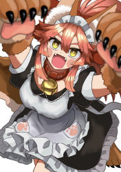 Rule 34 | 1girl, @ @, alternate costume, animal ear fluff, animal ears, animal hands, apron, artist request, bell, blush stickers, breasts, cat paws, collar, enmaided, fangs, fate/grand order, fate (series), fox ears, fox girl, fox tail, frilled apron, frills, gloves, hair between eyes, hair ribbon, highres, jingle bell, large breasts, long hair, looking at viewer, looking up, maid, maid apron, maid headdress, neck bell, open mouth, paw gloves, paw shoes, pink hair, ponytail, red eyes, red ribbon, ribbon, simple background, solo, tail, tamamo (fate), tamamo cat (fate), tamamo cat (second ascension) (fate), waist apron, white apron, white background, yellow eyes