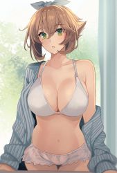 Rule 34 | 1girl, :o, bra, breasts, brown hair, collarbone, curtains, day, floral print, green eyes, hair ribbon, highres, indoors, kantai collection, kasumi (skchkko), large breasts, lingerie, long sleeves, looking at viewer, mutsu (kancolle), navel, open clothes, open shirt, panties, ribbon, shirt, short hair, smile, striped clothes, striped shirt, tree, underwear, white bra, white panties, window