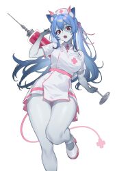 Rule 34 | 1girl, absurdres, animal ear fluff, animal ears, bite mark, blue hair, colored skin, grey skin, hair between eyes, hair ribbon, halloween, hat, highres, holding, holding needle, long hair, needle, nurse, nurse cap, ohwasuy, open mouth, original, oversized object, panties, red eyes, ribbon, solo, standing, standing on one leg, stitched face, stitches, tail, thighs, twintails, underwear, white background, white footwear, white panties, zombie
