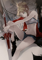Rule 34 | 1girl, artoria pendragon (all), artoria pendragon (fate), barbed wire, bare shoulders, blonde hair, boots, breasts, calendar, caliburn (fate), cutoffs, denim, denim shorts, fate/apocrypha, fate/grand order, fate (series), green eyes, groin, highres, jacket, jacket partially removed, looking at viewer, matsuomiyako, mordred (fate), mordred (fate/apocrypha), mordred (memories at trifas) (fate), navel, out of frame, picture frame, ponytail, saber (fate), shorts, small breasts, solo