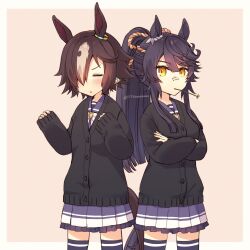 Rule 34 | 2girls, animal ears, black cardigan, black hair, blue skirt, blue thighhighs, blush, brown background, brown hair, cardigan, commentary request, crossed arms, frilled skirt, frills, grey hair, hair between eyes, horse ears, long hair, long sleeves, mouth hold, multicolored hair, multiple girls, nanashi (774umauma), narita brian (umamusume), orange eyes, parted lips, pleated skirt, ponytail, puffy long sleeves, puffy sleeves, school uniform, skirt, sleeves past wrists, stalk in mouth, streaked hair, thighhighs, tracen school uniform, twitter username, two-tone background, umamusume, v-shaped eyebrows, very long hair, vodka (umamusume), white background