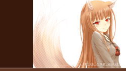 Rule 34 | 1girl, animal ears, blush, brown hair, grin, halftone, highres, holo, jewelry, long hair, looking at viewer, necklace, nncat, portrait, pouch, profile, red eyes, smile, solo, spice and wolf, tail, upper body, wallpaper, wolf ears, wolf tail