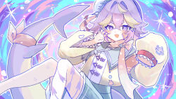 +_+ 1girl absurdres aqua_shorts artist_request asymmetrical_legwear blonde_hair blue_background borrowed_character claw_pose colorful_background crossed_bangs double-parted_bangs fins fish_tail flipped_bangs flipped_hair hair_intakes hands_up hat heart-shaped_eyebrows highres long_sleeves mini_hat mismatched_legwear multicolored_hair original outline pink_background pink_scarf purple_background purple_eyes purple_hair purple_tail sailor_collar sailor_shirt scarf shark_tail sharp_teeth shirt shorts single_sleeve_past_fingers solo sparkle streaked_hair tail teeth upper_teeth_only white_hat white_outline yellow_shirt