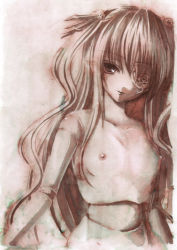 Rule 34 | 00s, 1girl, barasuishou, breasts, color ink (medium), doll joints, eyepatch, female focus, joints, long hair, monochrome, nipples, nude, rozen maiden, small breasts, solo, sugai, traditional media