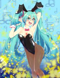 Rule 34 | 1girl, animal ears, aqua eyes, aqua hair, armpits, bad id, bad pixiv id, beamed quavers, black leotard, bow, bowtie, breasts, brown pantyhose, cowboy shot, crotchet, detached collar, fake animal ears, faon ouji, hatsune miku, highres, leotard, long hair, looking at viewer, musical note, open mouth, pantyhose, playboy bunny, quaver, rabbit ears, rabbit tail, red bow, red bowtie, small breasts, smile, solo, standing, strapless, strapless leotard, tail, teeth, twintails, upper teeth only, very long hair, vocaloid, wrist cuffs