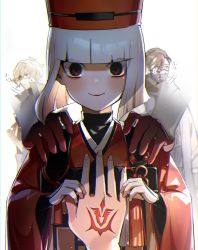 Rule 34 | 1girl, 1other, 2boys, black hair, blonde hair, blunt bangs, command spell, facing viewer, fate/grand order, fate (series), hand on another&#039;s chest, hat, highres, ishida mitsunari (fate), japanese clothes, kimono, long sleeves, looking at viewer, looking away, mask, medium hair, mtyk ooosjes99, multiple boys, pov, red eyes, red kimono, sen no rikyu (fate), sen no rikyu (first ascension) (fate), smile, sweatdrop, white hair, wide sleeves, yamanami keisuke (fate)