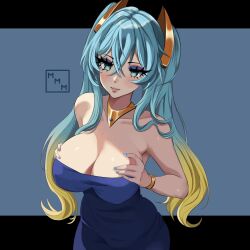 Rule 34 | 1girl, absurdres, aqua eyes, bare shoulders, blue background, blue dress, blue hair, blue nails, bracelet, breasts, cleavage, commentary, dress, eyeshadow, highres, iwannabethesun, jewelry, large breasts, league of legends, looking at viewer, makeup, nail polish, smile, solo, sona (league of legends), strapless, strapless dress, twintails, upper body