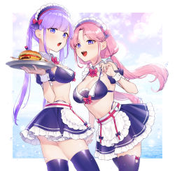 Rule 34 | 2girls, apron, bikini, blue bikini, blue nails, blue skirt, blue thighhighs, blunt bangs, bow, bowtie, breasts, burger, detached collar, detached sleeves, food, frilled apron, frilled bikini, frilled skirt, frills, frown, goshi-san, heart o-ring, highleg, highleg bikini, highres, holding, holding tray, lace trim, long hair, looking at viewer, low twintails, maid, maid bikini, maid headdress, medium breasts, miniskirt, multiple girls, nail polish, open mouth, original, parted bangs, pink hair, pink nails, puffy short sleeves, puffy sleeves, purple eyes, purple hair, red bow, short sleeves, skindentation, skirt, smile, strap gap, swimsuit, thighhighs, tray, twintails, unconventional maid, very long hair, waist apron, white apron, wrist cuffs