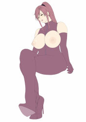 Rule 34 | 1girl, bare shoulders, bodysuit, breastless clothes, breasts, breasts out, brown eyes, elbow gloves, gloves, high heels, highres, large breasts, legs, crossed legs, mamiya marie, mature female, mole, mole under eye, nipples, open mouth, pink hair, ponytail, purple hair, renkan, sitting, solo, starless, thighs, white background