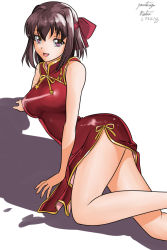 Rule 34 | 1girl, arm support, breasts, brown eyes, brown hair, china dress, chinese clothes, commentary, dress, girls und panzer, headband, kondou taeko, legs, looking at viewer, lying, matsui yasutsugu, medium breasts, medium dress, medium hair, on side, one-hour drawing challenge, open mouth, red dress, red headband, shadow, side slit, sleeveless, sleeveless dress, smile, solo, white background
