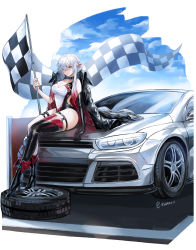 Rule 34 | 1girl, absurdres, alternate costume, azur lane, black choker, black footwear, black gloves, black leotard, blue eyes, blue sky, boots, breasts, bridal garter, car, checkered flag, choker, cleavage, cloud, collarbone, commentary, elbow gloves, english commentary, flag, flagpole, gloves, hair over one eye, high heel boots, high heels, highres, holding, holding flag, large breasts, leotard, looking at viewer, motor vehicle, multicolored hair, odin (azur lane), on vehicle, pink hair, race queen, short hair with long locks, sidelocks, silver hair, single elbow glove, single thighhigh, sitting, sky, solo, streaked hair, thigh strap, thighhighs, tire, twitter username, two-tone leotard, usatorii, vehicle focus, volkswagen, volkswagen scirocco, white background, white leotard
