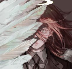 Rule 34 | 1boy, angel devil (chainsaw man), angel wings, black necktie, chainsaw man, collared shirt, feathered wings, feathers, formal, green eyes, hair between eyes, halo, highres, looking at viewer, momota ro5555, necktie, pink hair, shirt, solo, suit, white shirt, white wings, wing censor, wings