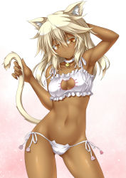 Rule 34 | 1girl, alternate costume, animal ears, armpits, bare arms, bare shoulders, bell, neck bell, blonde hair, blush, bra, breasts, brown eyes, cat cutout, cat ear panties, cat ears, cat lingerie, cat tail, choker, cleavage, cleavage cutout, closed mouth, clothing cutout, contrapposto, cowboy shot, dark skin, dark-skinned female, frilled bra, frills, groin, guilty gear, guilty gear xrd, hair between eyes, highres, holding tail, jingle bell, kemonomimi mode, long hair, looking at viewer, medium breasts, meme attire, navel, panties, platinum blonde hair, ramlethal valentine, roura, side-tie panties, smile, solo, stomach, tail, underwear, underwear only, white bra, white panties