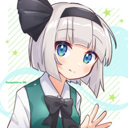 Rule 34 | 1girl, black bow, black bowtie, black hairband, black ribbon, blue eyes, blunt bangs, bow, bowtie, commentary request, green vest, grey hair, hair ribbon, hairband, hand up, highres, konpaku youmu, konpaku youmu (ghost), looking at viewer, one-hour drawing challenge, ribbon, shirt, short hair, smile, solo, star (symbol), striped, striped background, suguharu86, touhou, twitter username, upper body, vest, white background, white shirt