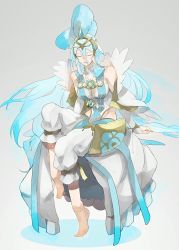 Rule 34 | 1girl, azura (fire emblem), bad id, bad twitter id, barefoot, blue hair, breasts, crown, dress, elbow gloves, fingerless gloves, fire emblem, fire emblem fates, fire emblem heroes, gloves, hair between eyes, hairband, highres, jewelry, long hair, nintendo, nonomori (anst nono), simple background, smile, solo, veil, very long hair
