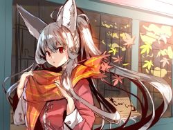 Rule 34 | 1girl, animal ear fluff, animal ears, autumn leaves, brown scarf, commentary request, fox ears, grey hair, hair between eyes, hands up, high ponytail, jacket, leaf, long hair, long sleeves, looking at viewer, maple leaf, original, parted lips, ponytail, red eyes, red jacket, scarf, solo, upper body, very long hair, yuuji (yukimimi)