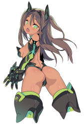 Rule 34 | 1girl, :o, armor, ass, back, bare shoulders, blade (galaxist), blush, breasts, brown hair, cowboy shot, cropped legs, dark-skinned female, dark skin, dimples of venus, elbow gloves, fang, from behind, from below, gauntlets, gloves, green eyes, grey hair, hair between eyes, head tilt, headgear, highleg, highleg leotard, legs apart, leotard, long hair, looking at viewer, looking back, open mouth, original, parted bangs, pointy ears, revealing clothes, sideboob, sidelocks, simple background, sketch, small breasts, solo, standing, thong, thong leotard, twintails, two side up, white background