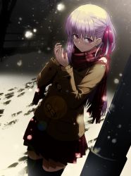 Rule 34 | 1girl, blush, closed mouth, coat, colorized, contemporary, duffel coat, fate/grand order, fate (series), hair ribbon, highres, jacket, kama (fate), long hair, pleated skirt, ribbon, satansoft1, scarf, self-upload, skirt, snow, snowing, yamoge