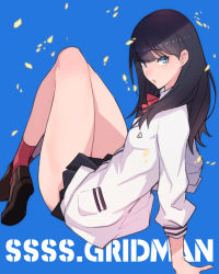 Rule 34 | 10s, 1girl, ban! (bansankan), black hair, black skirt, blue background, blue eyes, blush, breasts, brown footwear, copyright name, from behind, gridman universe, highres, hip focus, knees up, legs, long hair, long sleeves, looking at viewer, looking back, miniskirt, open mouth, parted lips, red socks, shirt, simple background, sitting, skirt, small breasts, socks, solo, ssss.gridman, sweater, swept bangs, takarada rikka, thighs, white shirt, white sweater