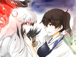Rule 34 | 10eki (tenchou), 10s, 2girls, abyssal ship, blood, brown eyes, brown hair, cannon, covered mouth, eye contact, flight deck, gloves, glowing, glowing eyes, hands on another&#039;s face, horns, injury, japanese clothes, kaga (kancolle), kantai collection, long hair, looking at another, midway princess, multiple girls, muneate, pale skin, partially fingerless gloves, partly fingerless gloves, red eyes, side ponytail, sideways mouth, single glove, tears, white hair, yugake