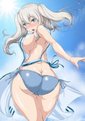 Rule 34 | 10s, 1girl, :o, alternate costume, aoiakira553, apron, ass, bare arms, bare shoulders, bikini, bikini bottom only, blue bikini, blue eyes, blue ribbon, blue sky, blush, breasts, butt crack, cowboy shot, day, female focus, from behind, hair between eyes, kantai collection, kashima (kancolle), large breasts, looking at viewer, looking back, nearly naked apron, open mouth, outstretched arm, ribbon, side-tie bikini bottom, sideboob, silver hair, sky, solo, summer, sunlight, swimsuit, thigh gap, twintails, walking, white apron