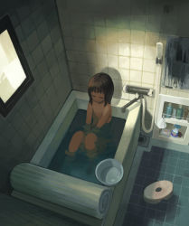 Rule 34 | 1girl, bar soap, bath stool, bathing, bathtub, blunt bangs, bottle, closed eyes, commentary, completely nude, condensation, drain (object), faucet, flat chest, from above, hands on lap, highres, hose, knees up, kzmk, medium hair, mirror, nude, original, partially submerged, shade, shadow, shampoo, shower head, sitting, soap bottle, solo, spray bottle, stool, tile floor, tile wall, tiles, washpan, wet floor, window
