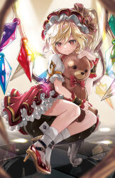 Rule 34 | 1girl, ascot, bat wings, blonde hair, blush, crystal, flandre scarlet, hat, hat ribbon, highres, holding, holding stuffed toy, l.f., long hair, looking at viewer, mob cap, multicolored wings, multiple girls, open mouth, puffy short sleeves, puffy sleeves, red eyes, red skirt, red vest, ribbon, shirt, short hair, short sleeves, side ponytail, skirt, skirt set, smile, solo, stuffed animal, stuffed toy, teddy bear, touhou, vest, white hat, wings, yellow ascot