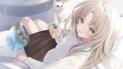 Rule 34 | 1girl, blush, breasts, brown skirt, cat, cellphone photo, indoors, kurage cc, light brown hair, long hair, long sleeves, looking at viewer, looking back, medium breasts, nijisanji, sister claire, sitting, skirt, smile, snack, solo, straight hair, sweater, very long hair, virtual youtuber, white cat, white sweater