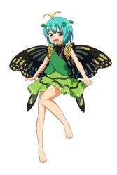 Rule 34 | 1girl, antennae, aqua hair, barefoot, blush, butterfly wings, cato (monocatienus), dress, eternity larva, fairy, full body, green dress, hair between eyes, insect wings, leaf, leaf on head, multicolored clothes, multicolored dress, open mouth, short hair, simple background, single strap, smile, solo, touhou, white background, wings, yellow eyes