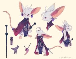 Rule 34 | animal, animal focus, arm up, character sheet, clasp, cloak, clothed animal, commentary, earrings, expressionless, full body, gloves, grey gloves, hand on own head, highres, jewelry, mouse (animal), multiple views, murayama ryota, no humans, original, pelvic curtain, pendant, purple cloak, purple eyes, simple background, slit pupils, standing, sword, tail, tail ornament, tail ring, two-tone eyes, weapon, yellow background, yellow eyes