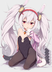 Rule 34 | 1girl, animal ears, azur lane, bare shoulders, bed sheet, black leotard, black pantyhose, blush, breasts, cannon, carrot, clothes down, collar, commentary request, covered mouth, detached collar, fake animal ears, fur-trimmed jacket, fur trim, gamuo, grey background, grey hair, hair between eyes, hair ornament, hairband, highres, jacket, jewelry, kneeling, laffey (azur lane), leotard, long hair, looking at viewer, off shoulder, pantyhose, pendant, pink jacket, playboy bunny, rabbit ears, red eyes, red hairband, simple background, small breasts, solo, strapless, strapless leotard, torpedo, turret, twintails, very long hair, white collar, wing collar, zipper pull tab