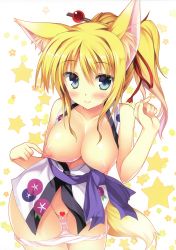 Rule 34 | 10s, 1girl, absurdres, animal ears, blonde hair, blush, breasts, breasts out, censored, dog days, fox ears, fox tail, green eyes, hair ornament, hair ribbon, hair stick, heart, heart censor, highres, japanese clothes, long hair, nipples, panties, panty pull, ponytail, puffy nipples, ribbon, sash, shiny skin, smile, solo, star (symbol), starry background, tail, tateha (marvelous grace), underwear, white panties, yukikaze panettone