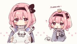 Rule 34 | 1girl, ?, animal, arknights, black hairband, blush, closed mouth, commentary, food, grey background, grey jacket, hair between eyes, hairband, highres, holding, holding animal, iipoyo (364poyo), jacket, multiple views, name connection, object namesake, open clothes, open jacket, parted lips, pink hair, pudding, pudding (arknights), red eyes, seal (animal), short eyebrows, simple background, sweat, sweater, symbol-only commentary, thick eyebrows, turtleneck, turtleneck sweater, white sweater