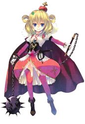 Rule 34 | 1girl, arikawa satoru, blonde hair, blue eyes, bubble skirt, cape, chain, closed mouth, clover hair ornament, crown, dress, flail, flower knight girl, full body, gloves, hair ornament, hair rings, looking at viewer, morning star, official art, onamomi (flower knight girl), purple cape, red dress, red thighhighs, shoes, short hair, skirt, smile, solo, standing, thighhighs, weapon, white gloves
