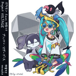 Rule 34 | 1girl, aqua hair, artist name, bird, bracelet, butterfly sitting, character name, chatot, closed mouth, commentary, copyright name, creatures (company), earrings, fingerless gloves, game freak, gen 4 pokemon, gen 8 pokemon, gloves, hatsune miku, highres, indeedee, indeedee (female), jewelry, long hair, multicolored pants, musical note, nintendo, normal miku (project voltage), open mouth, ototoi (eevees813), pants, pokemon, pokemon (creature), project voltage, shirt, shoes, sitting, sneakers, song name, sunglasses, twintails, unknown mother goose (vocaloid), very long hair, vocaloid, white shirt