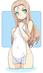 Rule 34 | 1girl, bathing, blonde hair, closed mouth, commentary, covered navel, covering breasts, covering privates, cowboy shot, drill hair, girls und panzer, gluteal fold, green eyes, highres, long hair, looking at viewer, marie (girls und panzer), naked towel, renshiu, smile, solo, standing, towel, wading, water