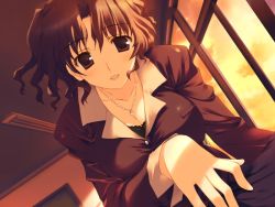 Rule 34 | 00s, 1girl, breasts, brown eyes, brown hair, cleavage, dutch angle, evening, game cg, large breasts, mature female, mitsumi misato, parted lips, solo, to heart (series), to heart 2, to heart 2 ad, twilight, yuzuhara haruka