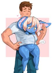 Rule 34 | 1boy, 1girl, ?, barefoot, biting, blue skin, blush, border, borvar, brown eyes, brown hair, closed eyes, clothed male nude female, colored skin, ear biting, heart, highres, league of legends, legs, navel, nude, parted lips, pink background, pink hair, pointy ears, shared shirt, shirt, short hair, short sleeves, shortstack, simple background, size difference, stomach bulge, t-shirt, thick thighs, thighs, tristana, white border, white shirt, yordle