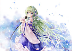 Rule 34 | 1girl, bare shoulders, blue eyes, blue skirt, blush, closed mouth, commentary request, detached sleeves, fingernails, frilled skirt, frilled sleeves, frills, frog hair ornament, green hair, hair between eyes, hair ornament, hair tubes, highres, holding, japanese clothes, kimono, kochiya sanae, long hair, long sleeves, looking at viewer, looking to the side, microphone, mutang, petals, pleated skirt, skirt, sleeveless, sleeveless kimono, smile, snake hair ornament, solo, touhou, very long hair, white kimono, white sleeves, wide sleeves
