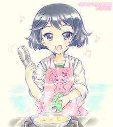 Rule 34 | 1girl, :d, apron, artist name, black eyes, black hair, bob cut, collarbone, commentary, cooking, dated, dress shirt, food, frying pan, girls und panzer, holding, holding frying pan, holding tongs, kuromori yako, looking at viewer, motion lines, musical note, ooarai school uniform, open mouth, oven mitts, pink apron, rabbit team, sailor collar, school uniform, serafuku, shirt, short hair, smile, solo, steam, stove, tongs, translated, upper body, utsugi yuuki, white background, white shirt