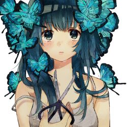 Rule 34 | 1girl, bad id, bad pixiv id, bare shoulders, blue eyes, blue hair, blush, bug, butterfly, butterfly on head, crying, cutting hair, highres, bug, lingmuzi, long hair, looking at viewer, matching hair/eyes, original, scissors, solo, tears