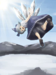Rule 34 | 1girl, bloomers, cirno, dress, female focus, mountain, outdoors, sky, solo, touhou, underwear, wings
